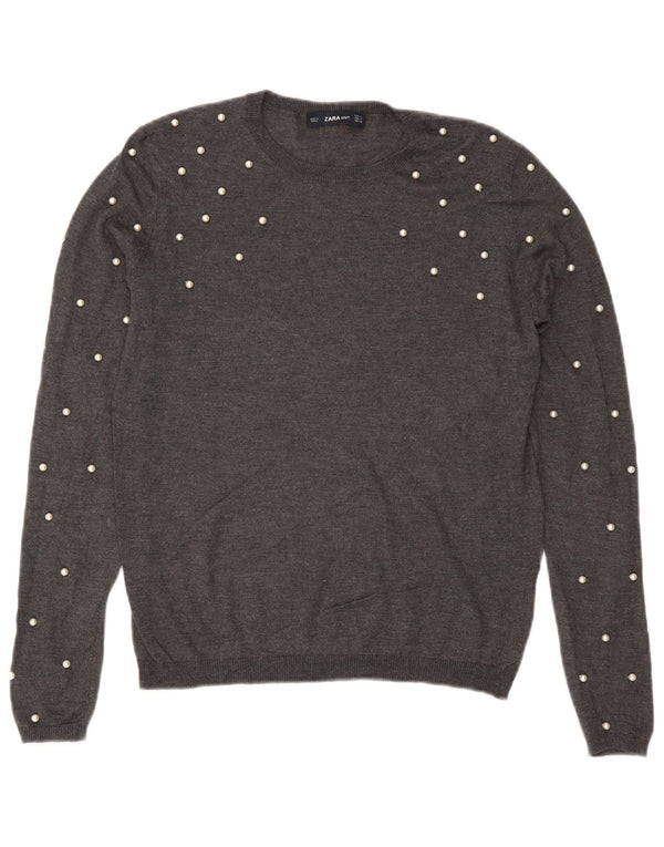 Zara Womens Crew Neck Jumper Sweater UK 10 Small Grey Modal