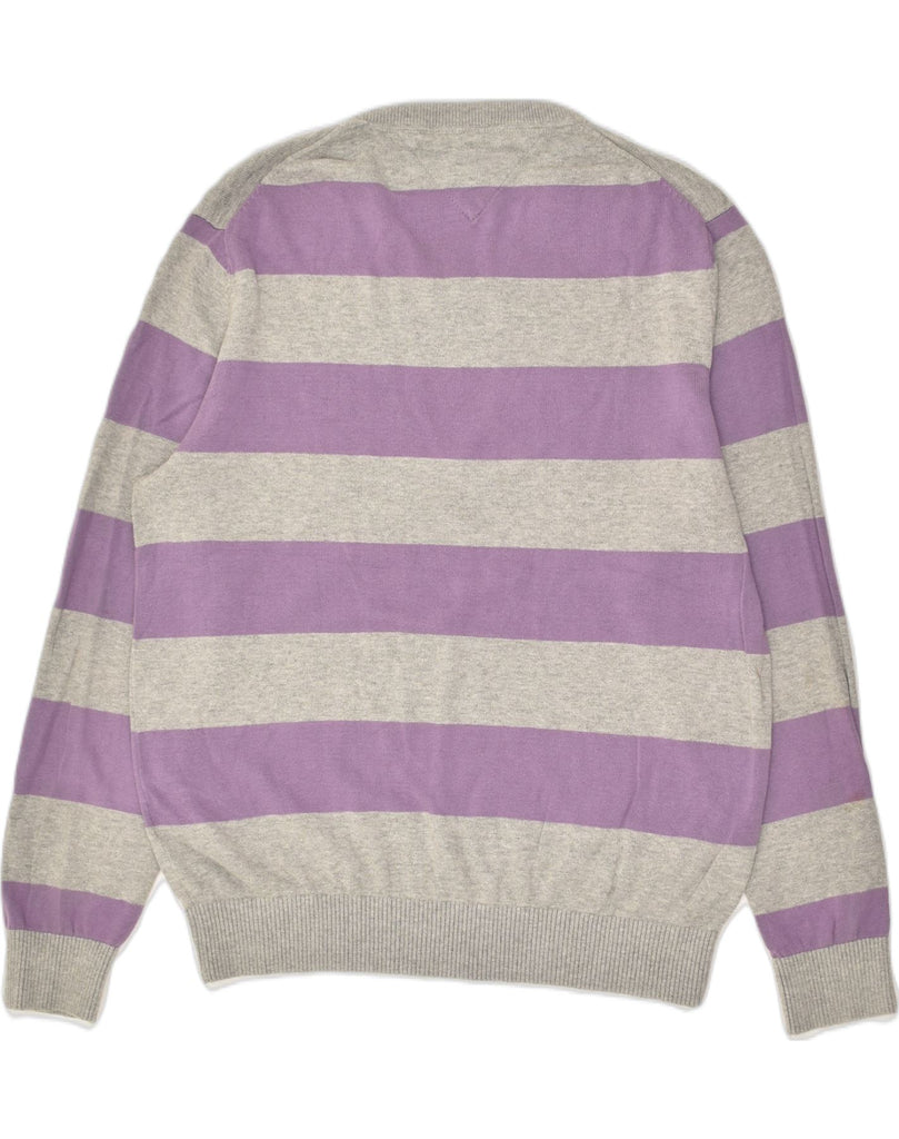 TOMMY HILFIGER Mens V-Neck Jumper Sweater Large Purple Striped Cotton | Vintage Tommy Hilfiger | Thrift | Second-Hand Tommy Hilfiger | Used Clothing | Messina Hembry 