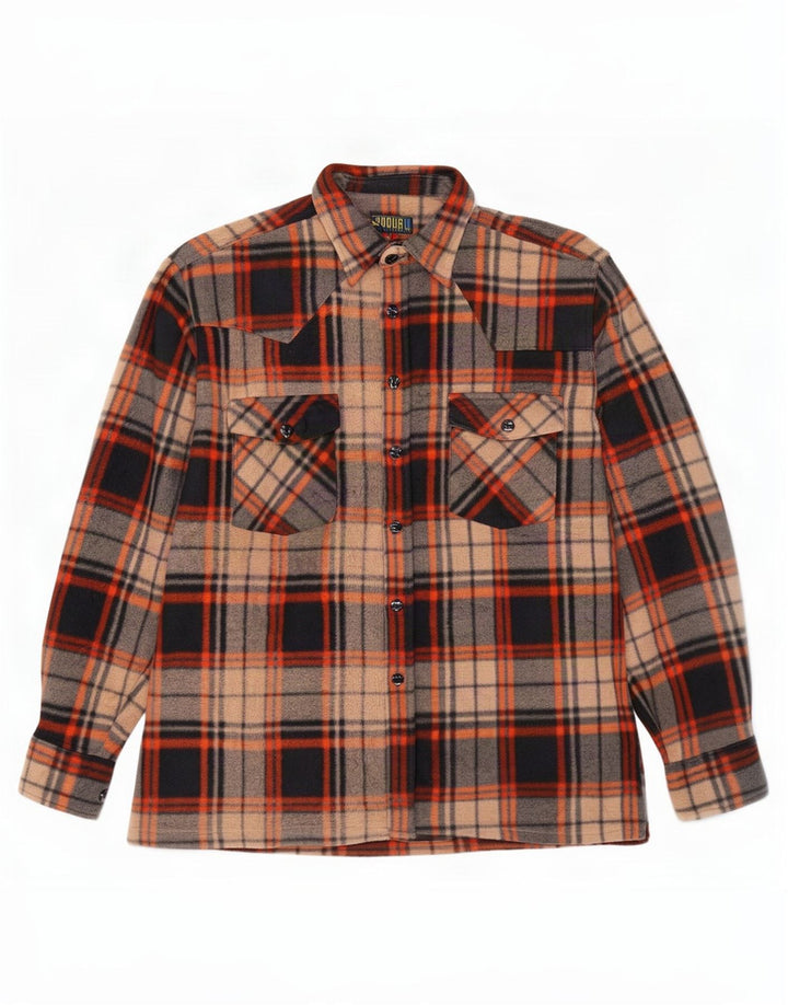 Vintage Mens Fleece Shirt Medium Brown Plaid Polyester