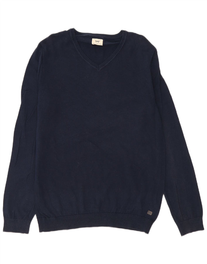 Lee Mens V-Neck Jumper Sweater Medium Navy Blue Cotton