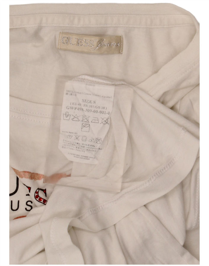 Guess Womens Graphic Top Long Sleeve UK 10 Small White Cotton