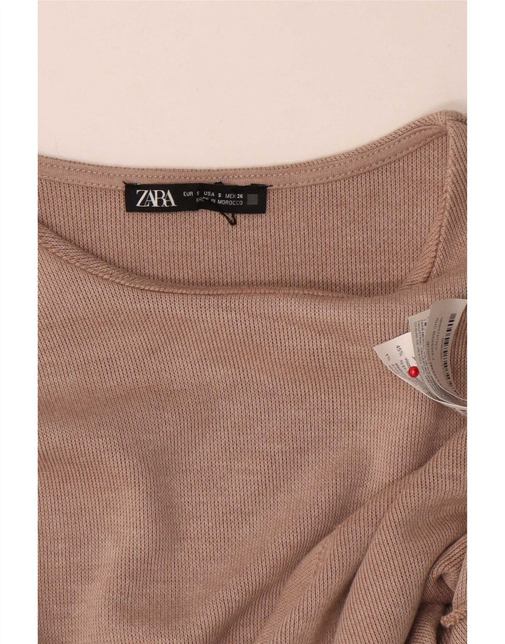 Zara Womens Front Tie Blouse Top UK 10 Small Beige Polyester