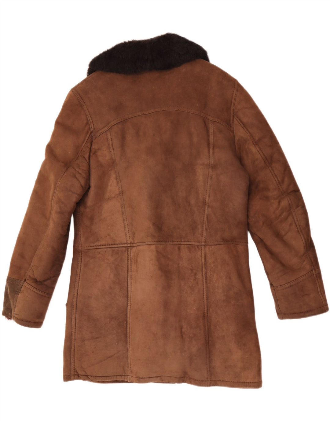 Vintage Mens Shearling Overcoat UK 38 Medium Brown Colourblock Leather