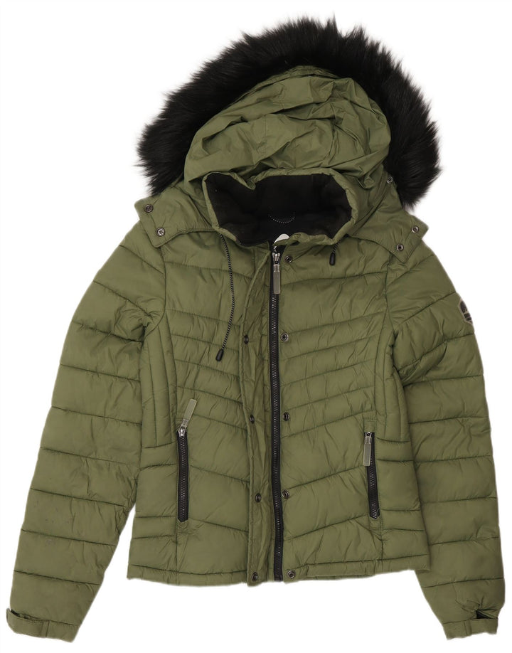 Superdry Womens Hooded Padded Jacket UK 8 Small Green Nylon