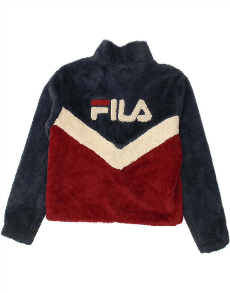 FILA Womens Crop Graphic Fleece Jacket UK 10 Small Navy Blue Colourblock | Vintage Fila | Thrift | Second-Hand Fila | Used Clothing | Messina Hembry 