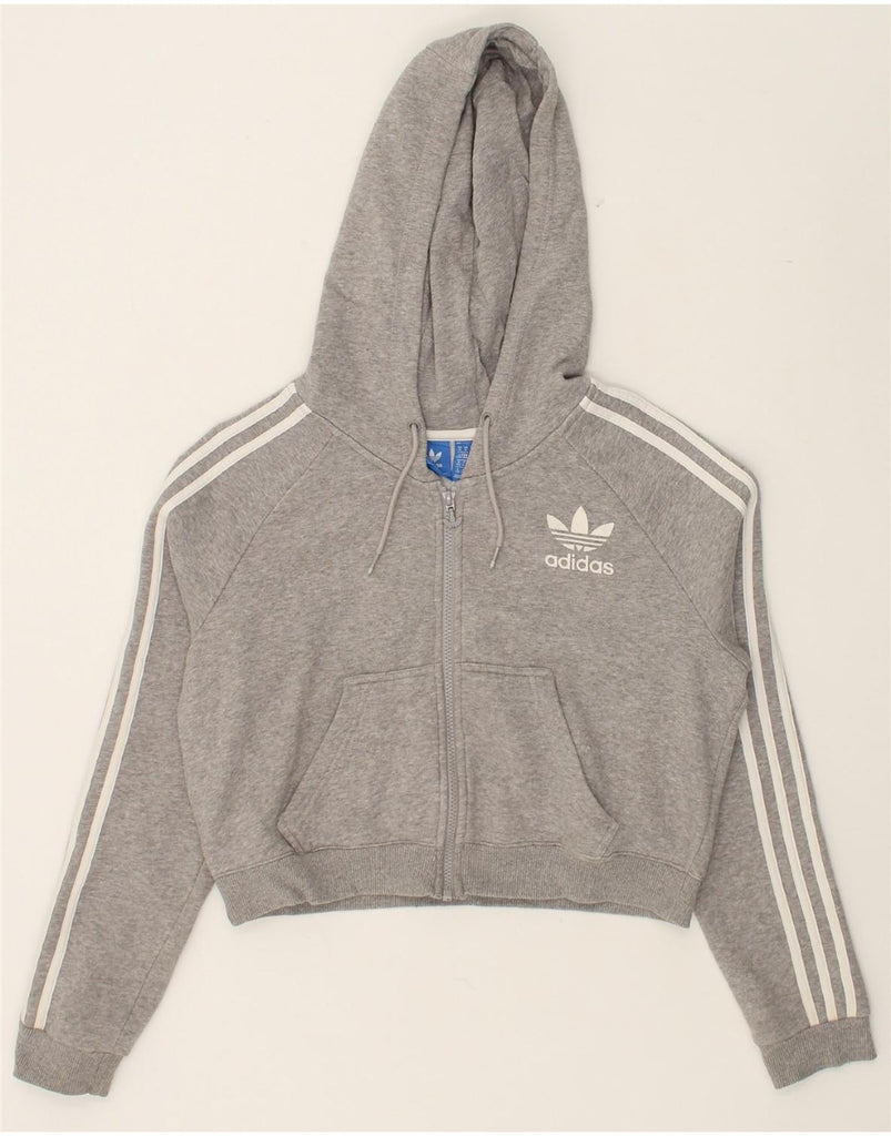 ADIDAS Womens Crop Zip Hoodie Sweater UK 14 Medium Grey Cotton | Vintage Adidas | Thrift | Second-Hand Adidas | Used Clothing | Messina Hembry 