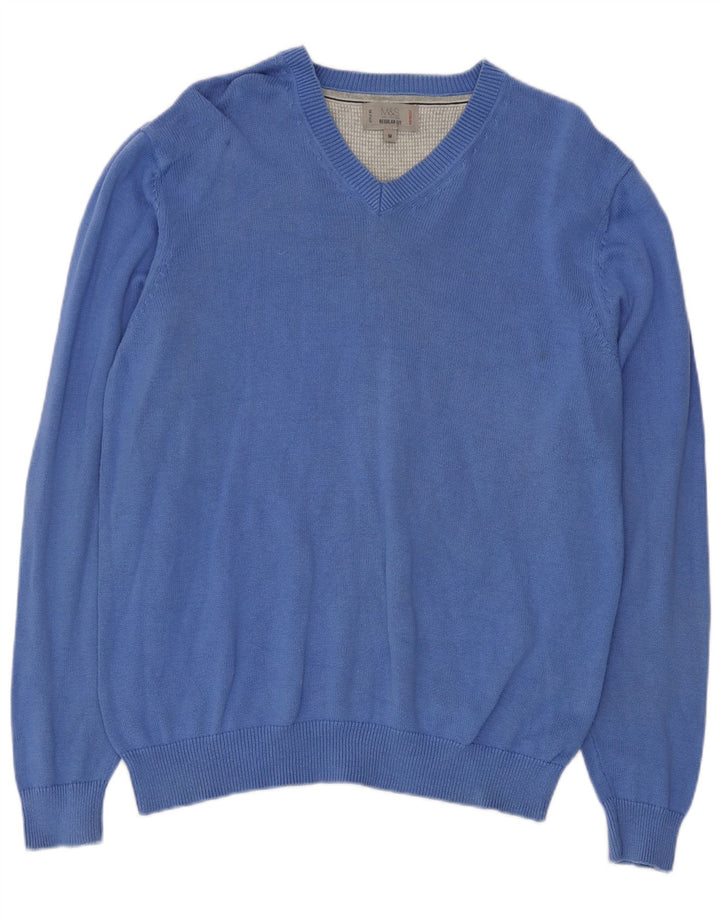 Marks & Spencer Mens V-Neck Jumper Sweater Medium Blue Cotton
