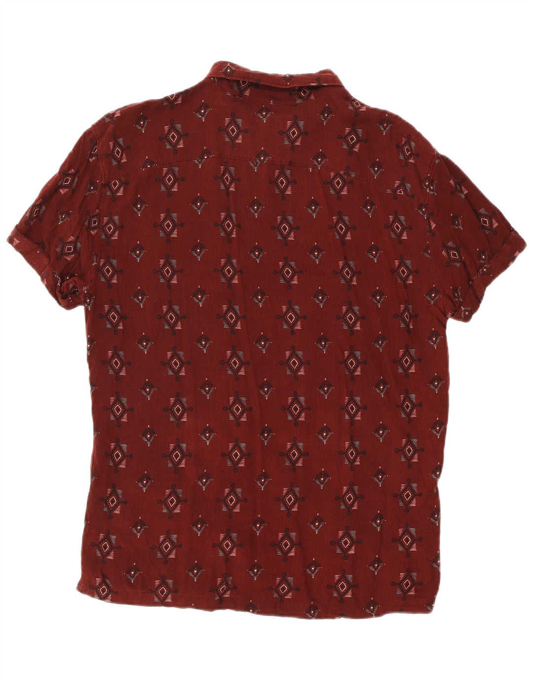PULL & BEAR Mens Short Sleeve Shirt Medium Maroon Geometric Viscose