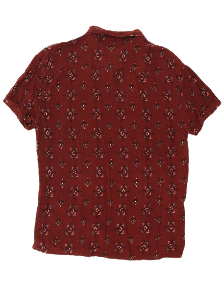 PULL & BEAR Mens Short Sleeve Shirt Medium Maroon Geometric Viscose