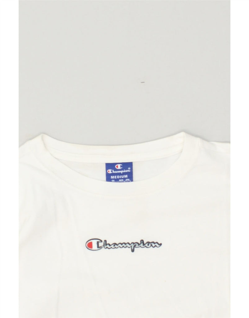 CHAMPION Womens Crop Graphic T-Shirt Top UK 14 Medium White Cotton | Vintage Champion | Thrift | Second-Hand Champion | Used Clothing | Messina Hembry 