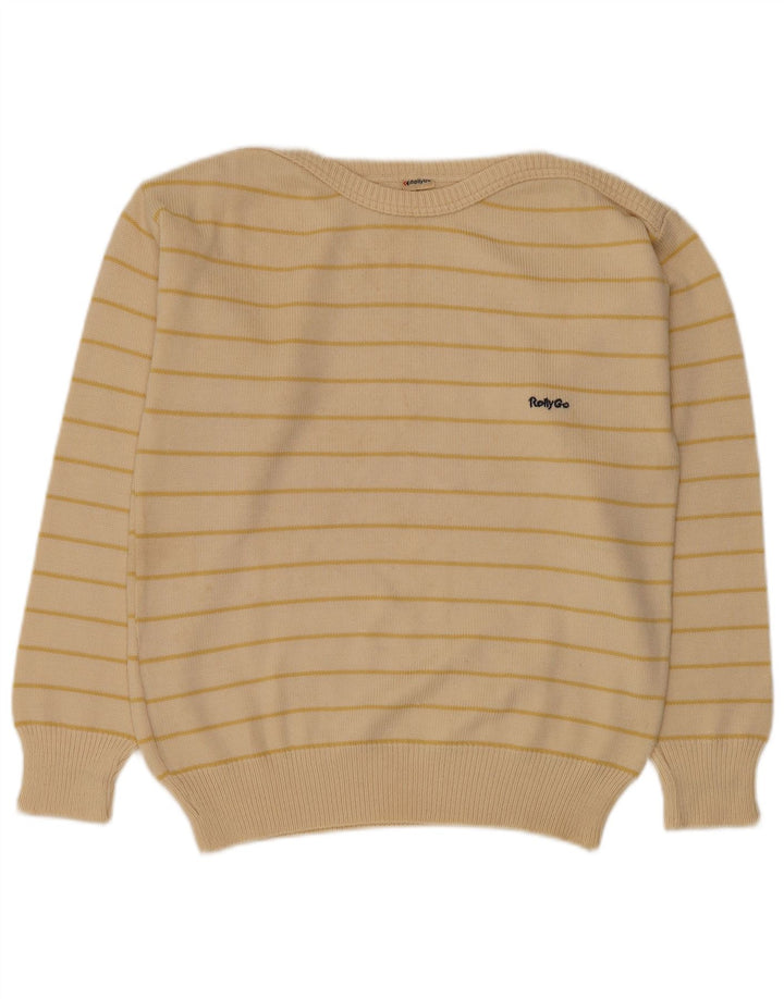 Vintage Mens Boat Neck Jumper Sweater Medium Beige Striped Polyacrylic