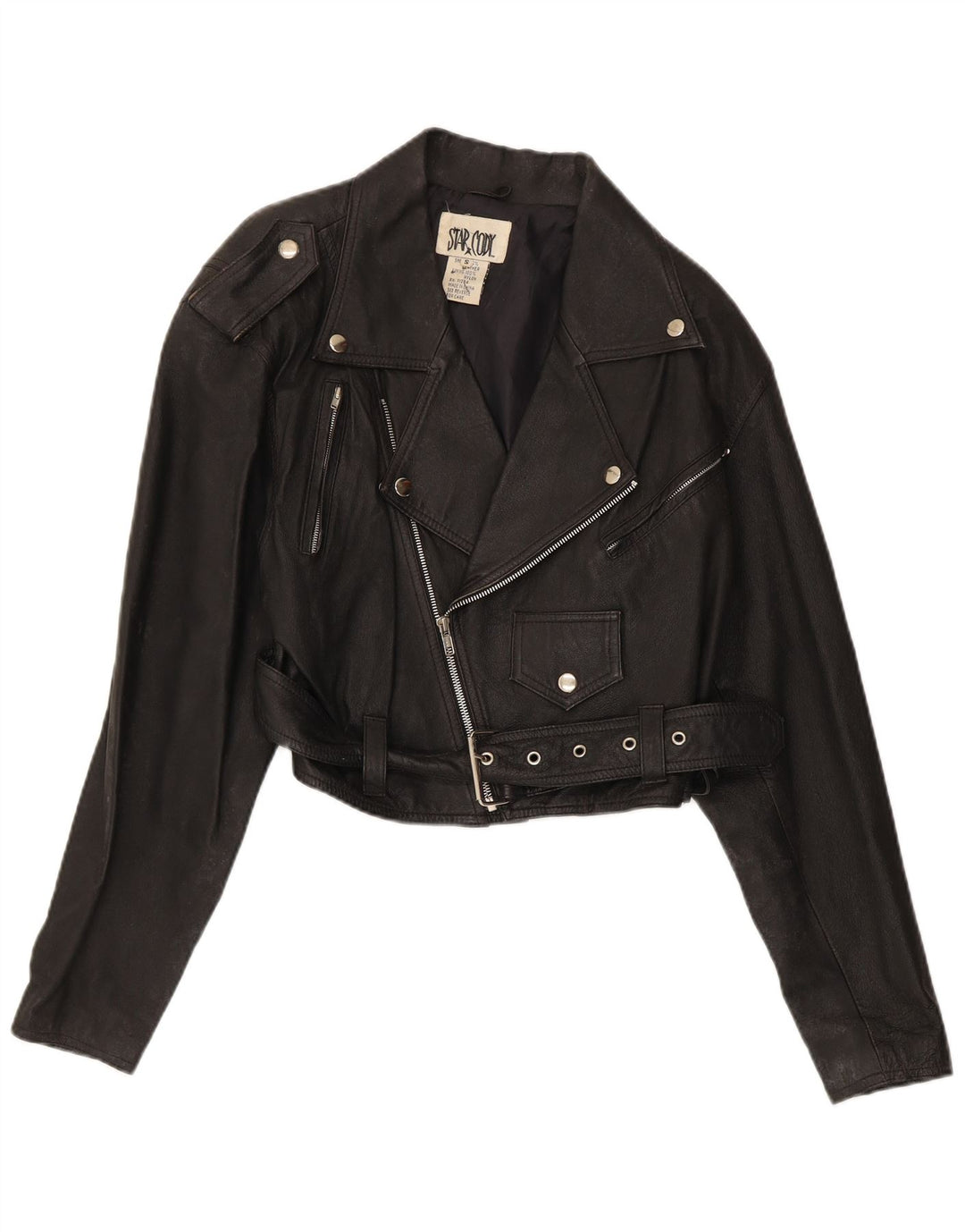 Vintage Womens Crop Leather Biker Jacket UK 10 Small Black Leather