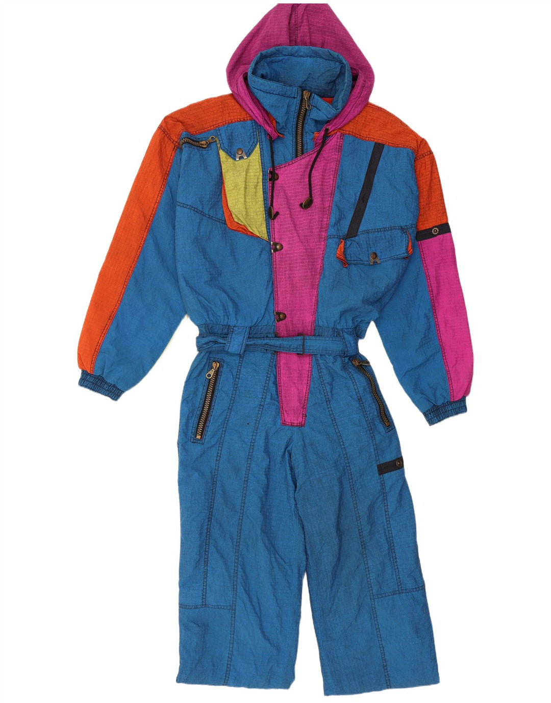 Vintage Mens Hooded Ski Jumpsuit IT 52 Large Blue Colourblock Polyamide