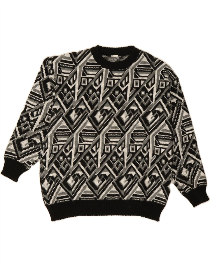 VINTAGE Mens Abstract Pattern Crew Neck Jumper Sweater Medium Black Vintage Vintage and Second-Hand Vintage from Messina Hembry 
