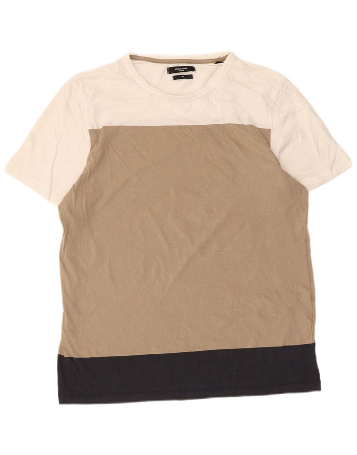 Jack & Jones Mens T-Shirt Top Medium Beige Colourblock Cotton