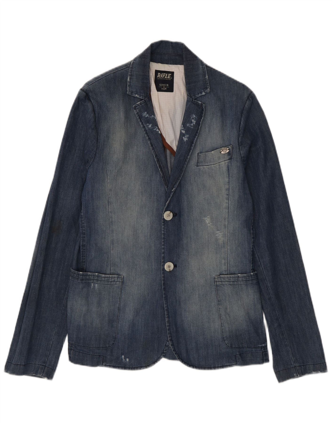 Rifle Mens Distressed Denim Blazer Jacket UK 38 Medium Blue Cotton
