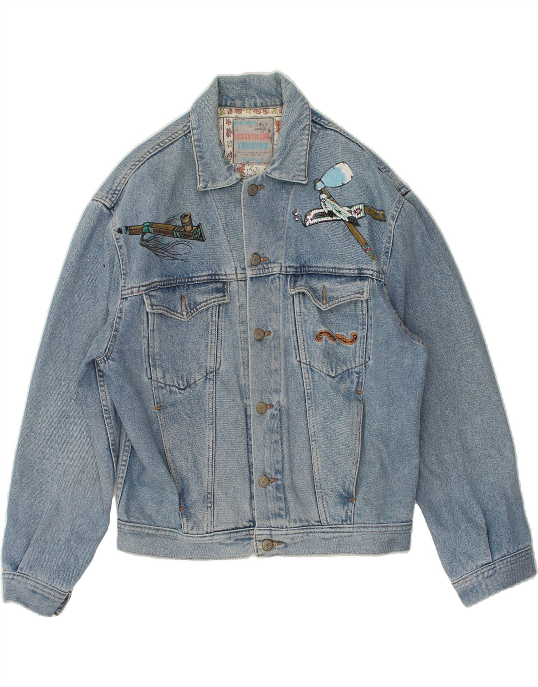 UNIFORM Womens Graphic Denim Jacket UK 40 Large Blue | Vintage Uniform | Thrift | Second-Hand Uniform | Used Clothing | Messina Hembry 