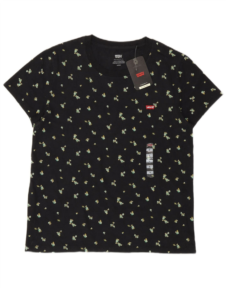 LEVI'S Womens Graphic T-Shirt Top UK 10 Small Black Floral Cotton Flower