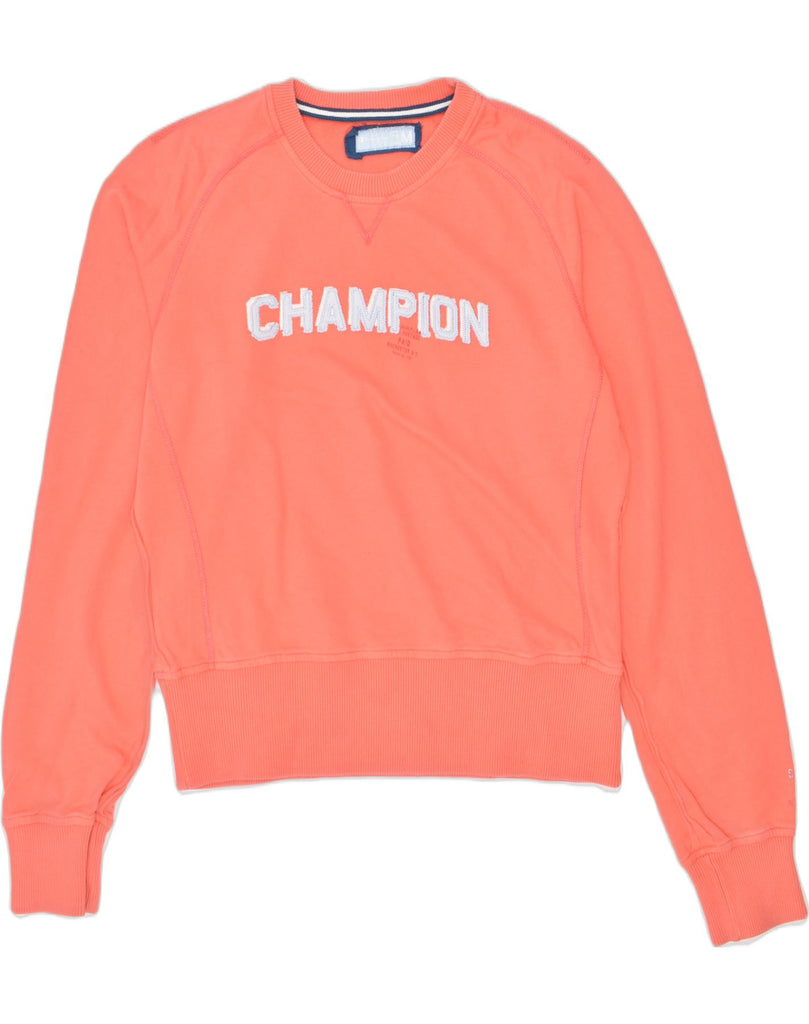 CHAMPION Womens Graphic Sweatshirt Jumper UK 14 Medium Orange Cotton | Vintage | Thrift | Second-Hand | Used Clothing | Messina Hembry 