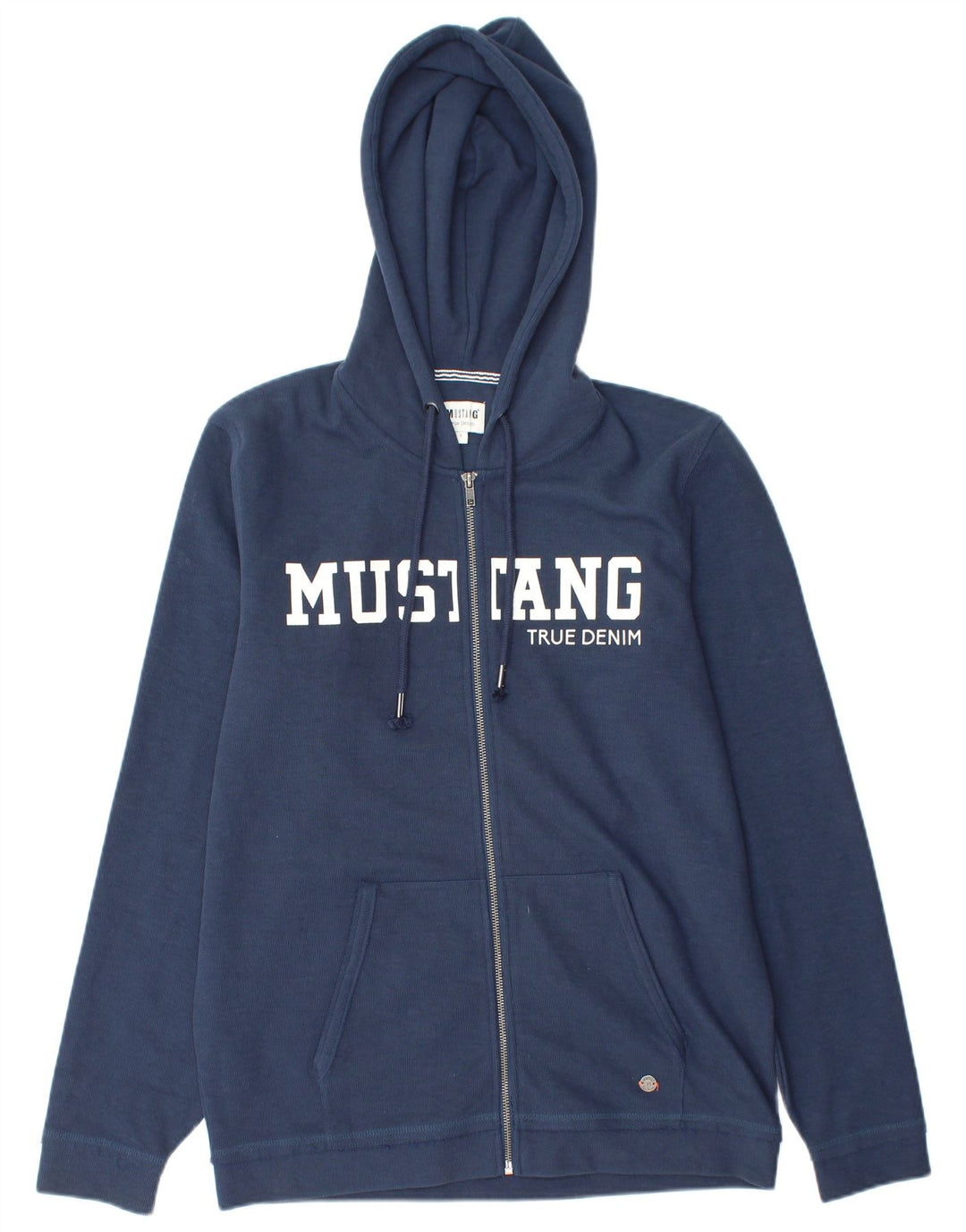 MUSTANG Mens Graphic Zip Hoodie Sweater Small Navy Blue Cotton