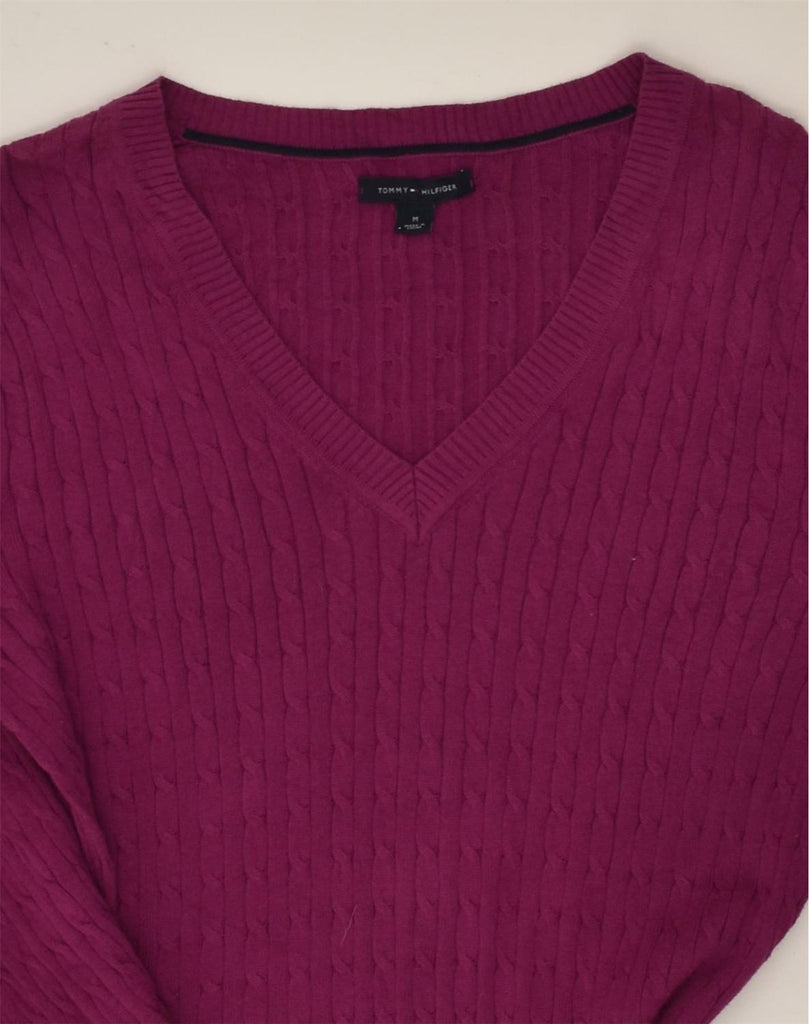 TOMMY HILFIGER Womens V-Neck Jumper Sweater UK 12 Medium Burgundy Cotton | Vintage Tommy Hilfiger | Thrift | Second-Hand Tommy Hilfiger | Used Clothing | Messina Hembry 