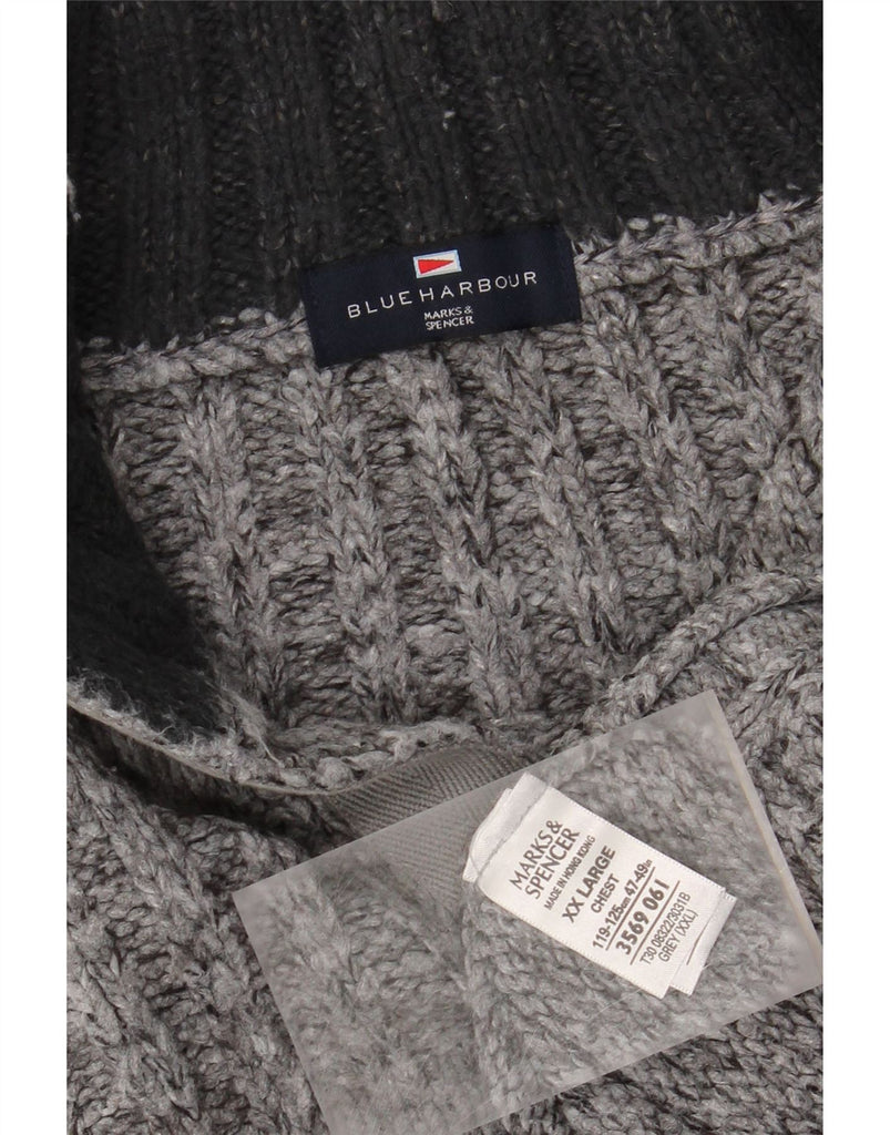 MARKS & SPENCER Mens Blue Harbour Button Neck Jumper Sweater 2XL Grey Vintage Marks & Spencer and Second-Hand Marks & Spencer from Messina Hembry 