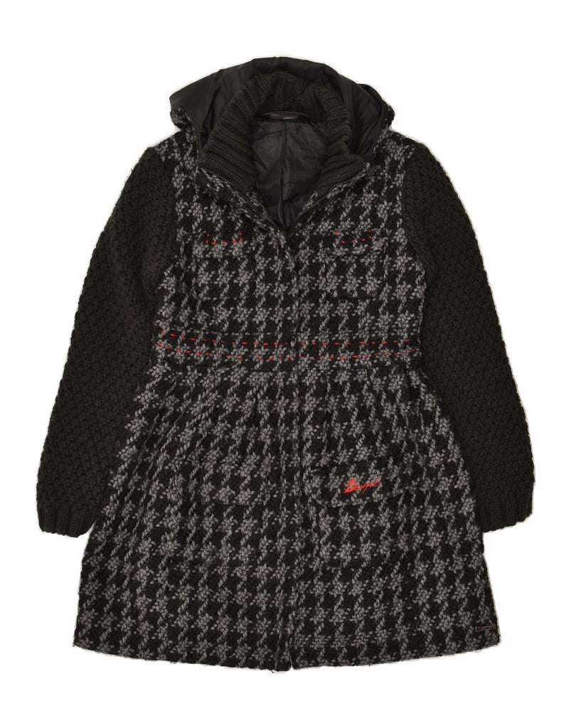 DESIGUAL Womens Knit Hooded Overcoat EU 42 Large Grey Houndstooth Vintage Desigual and Second-Hand Desigual from Messina Hembry 