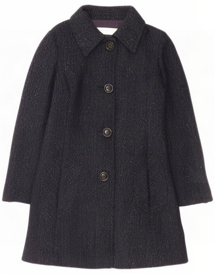 Intrend Womens 4 Button Overcoat UK 12 Medium Navy Blue Chevron Virgin Wool