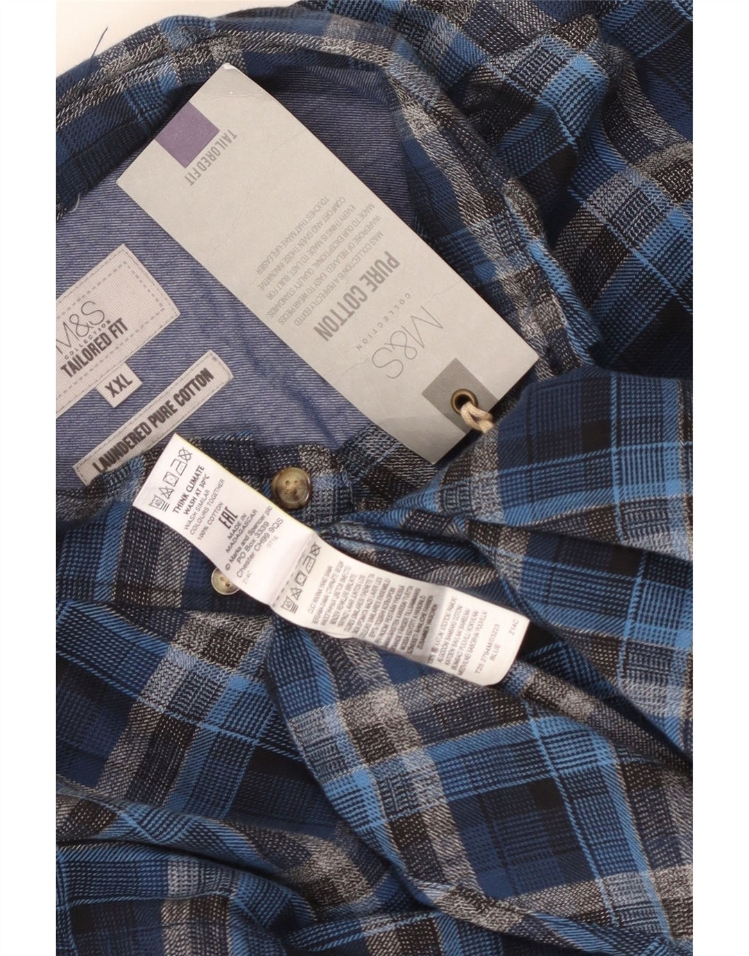 MARKS & SPENCER Mens Tailored Fit Flannel Shirt 2XL Blue Check Cotton
