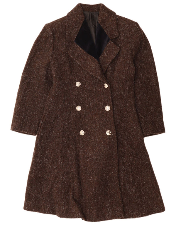 VINTAGE Womens Double Breasted Coat UK 12 Medium Brown Flecked Wool
