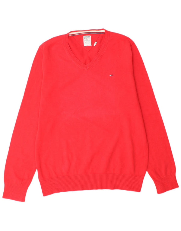 Tommy Hilfiger Mens V-Neck Jumper Sweater XL Red Cotton