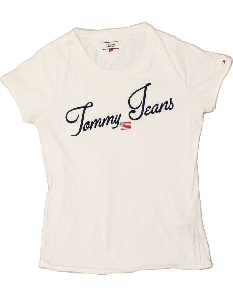 TOMMY HILFIGER Womens Graphic T-Shirt Top UK 14 Medium White Cotton | Vintage Tommy Hilfiger | Thrift | Second-Hand Tommy Hilfiger | Used Clothing | Messina Hembry 