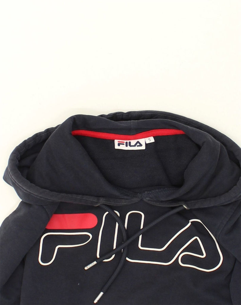 FILA Womens Crop Graphic Hoodie Jumper UK 10 Small Black Cotton | Vintage Fila | Thrift | Second-Hand Fila | Used Clothing | Messina Hembry 