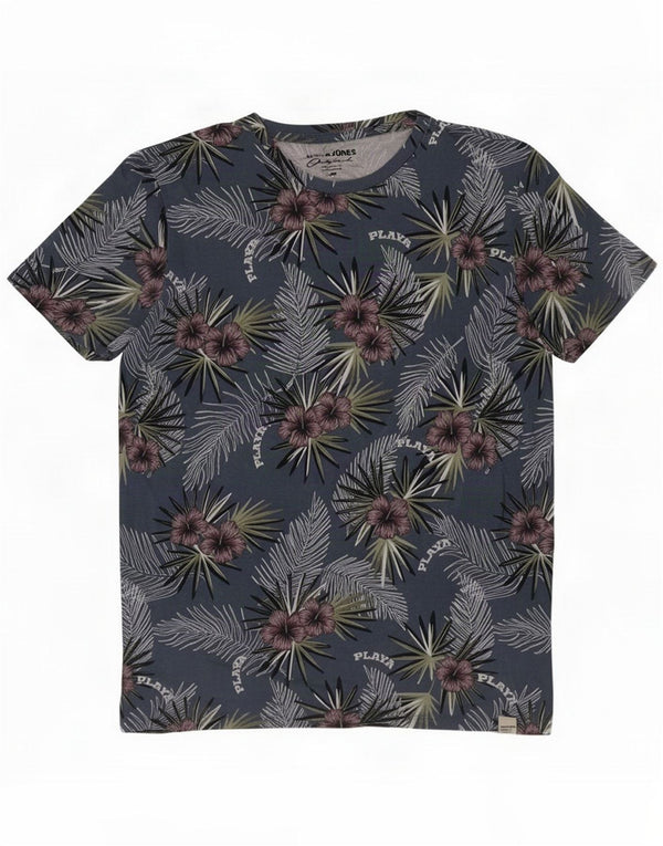 Jack & Jones Mens T-Shirt Top Medium Blue Floral Cotton