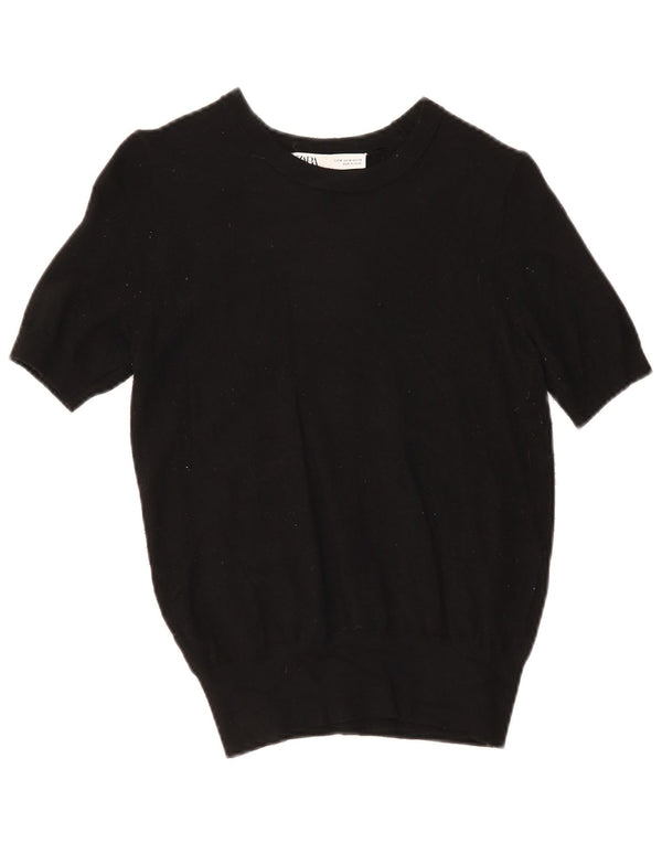 Zara Womens Knit Short Sleeve Blouse Top UK 12 Medium Black Viscose