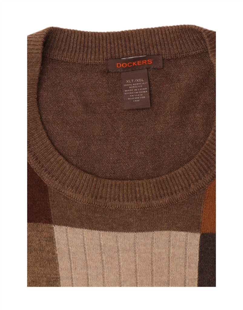 DOCKERS Mens Crew Neck Jumper Sweater XL Brown Patchwork Acrylic Vintage Dockers and Second-Hand Dockers from Messina Hembry 