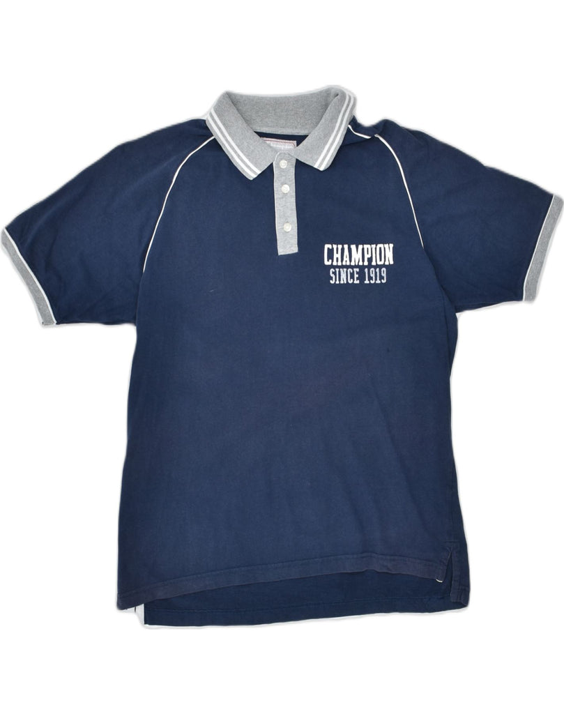 CHAMPION Mens Graphic Polo Shirt Large Navy Blue Cotton | Vintage | Thrift | Second-Hand | Used Clothing | Messina Hembry 