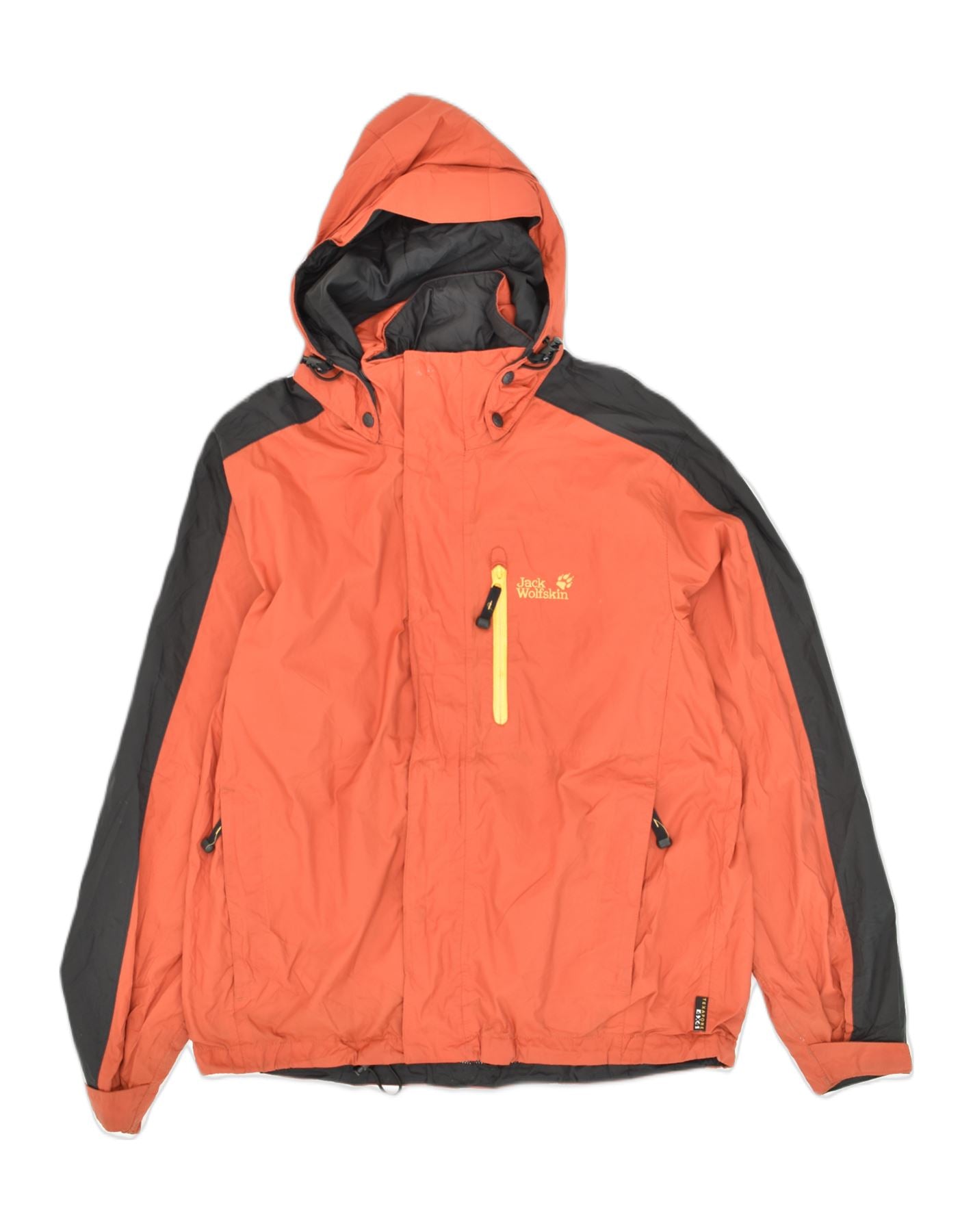 JACK WOLFSKIN Mens Hooded Rain Jacket UK 34 XS Orange Colourblock Nylon Vintage Second Hand Clothing Online Messina Hembry