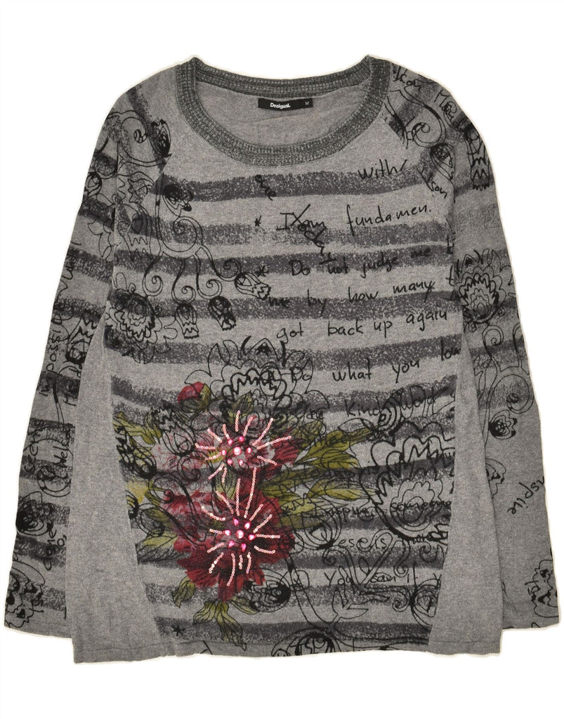 DESIGUAL Womens Graphic Boat Neck Jumper Sweater UK 12 Medium Grey Floral | Vintage Desigual | Thrift | Second-Hand Desigual | Used Clothing | Messina Hembry 