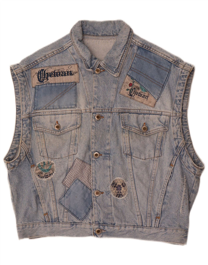 Vintage Mens Graphic Denim Gilet UK 40 Large Blue Patchwork Cotton
