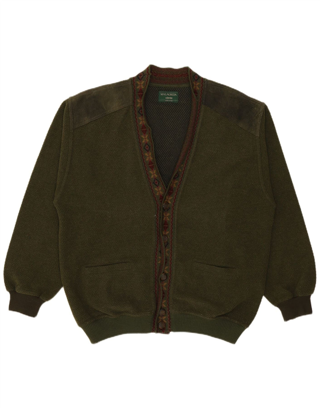 Malagrida Mens Cardigan Sweater Large Khaki Fair Isle Wool