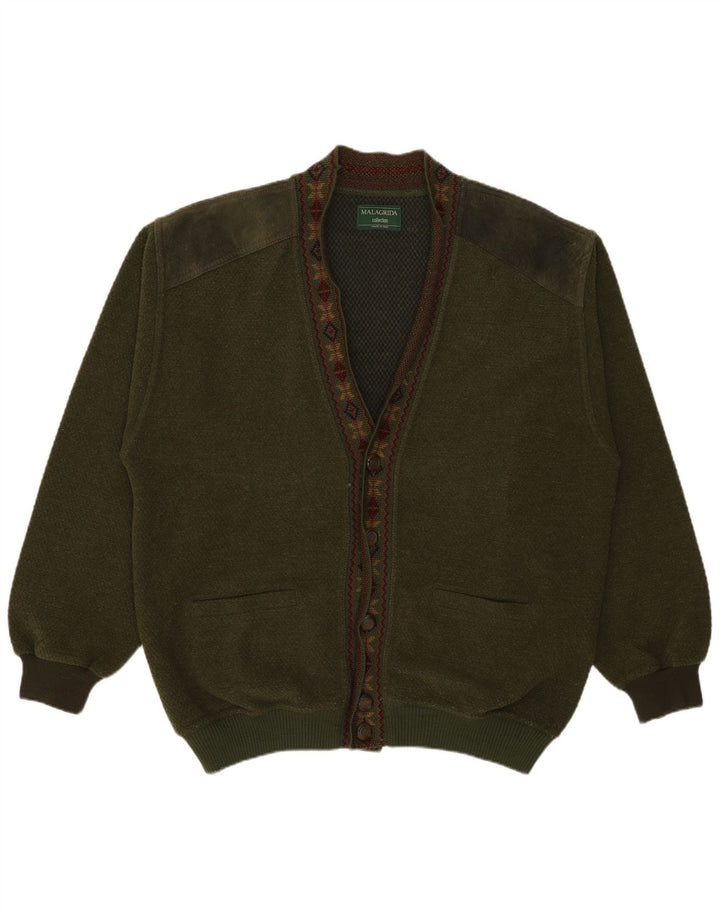 Malagrida Mens Cardigan Sweater Large Khaki Fair Isle Wool