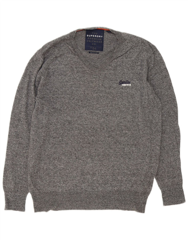 Superdry Mens V-Neck Jumper Sweater XL Grey Flecked Cotton
