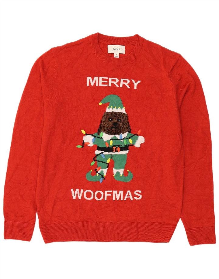 Marks & Spencer Mens Graphic Crew Neck Jumper Sweater Medium Red Christmas
