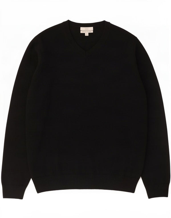 Marks & Spencer Mens V-Neck Jumper Sweater XL Black Lambswool