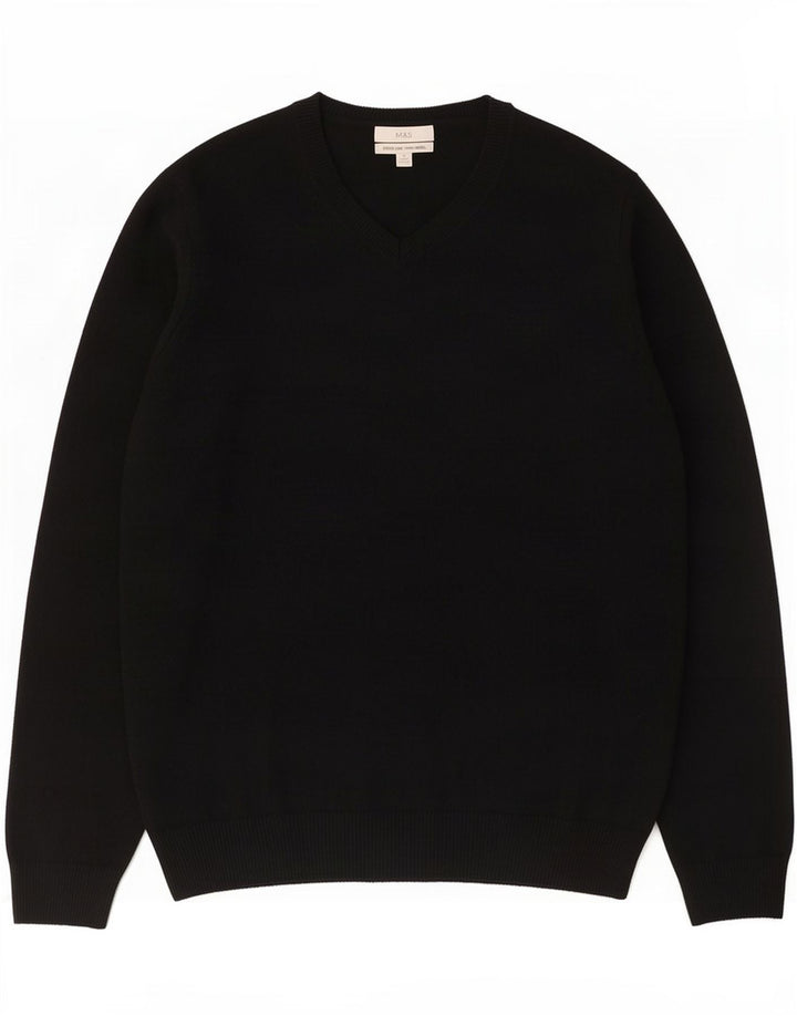 Marks & Spencer Mens V-Neck Jumper Sweater XL Black Lambswool