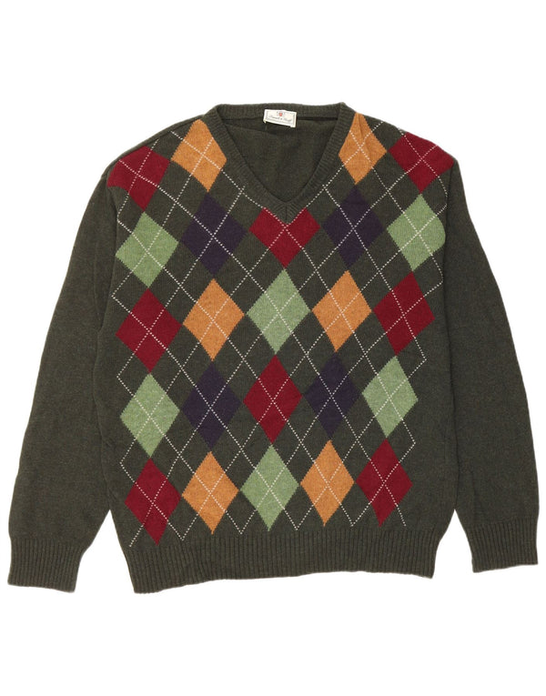 VINTAGE Mens V-Neck Jumper Sweater Medium Green Argyle/Diamond New Wool