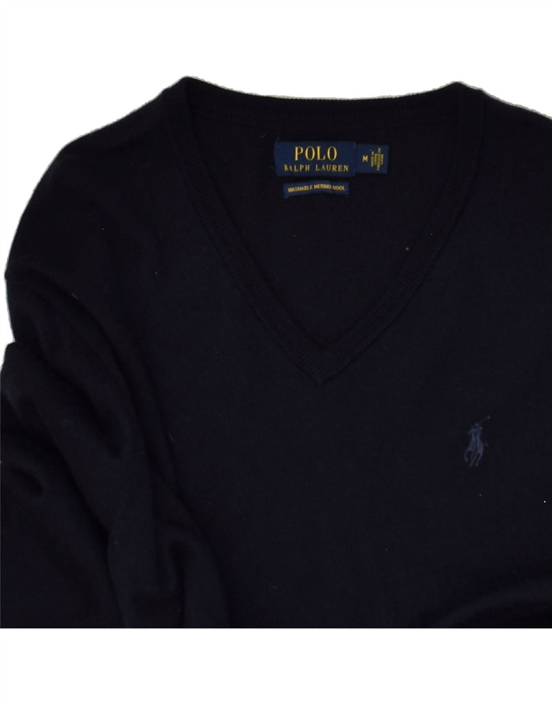 POLO RALPH LAUREN Mens V-Neck Jumper Sweater Medium Navy Blue Merino Wool | Vintage Polo Ralph Lauren | Thrift | Second-Hand Polo Ralph Lauren | Used Clothing | Messina Hembry 