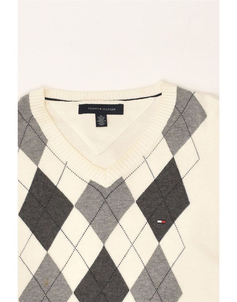 TOMMY HILFIGER Mens V-Neck Jumper Sweater XL Off White Argyle/Diamond | Vintage Tommy Hilfiger | Thrift | Second-Hand Tommy Hilfiger | Used Clothing | Messina Hembry 