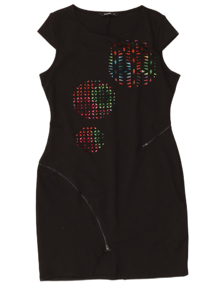 Desigual Womens Graphic Sheath Dress UK 18 XL Black Geometric Polyester